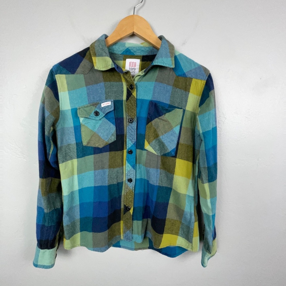 Topo Designs Shirt Women M Blue Green Plaid Organic Cotton Flannel Western Yoke